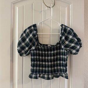 American Eagle Outfitters Plaid Puff Sleeve Crop Top - Navy Blue and Green